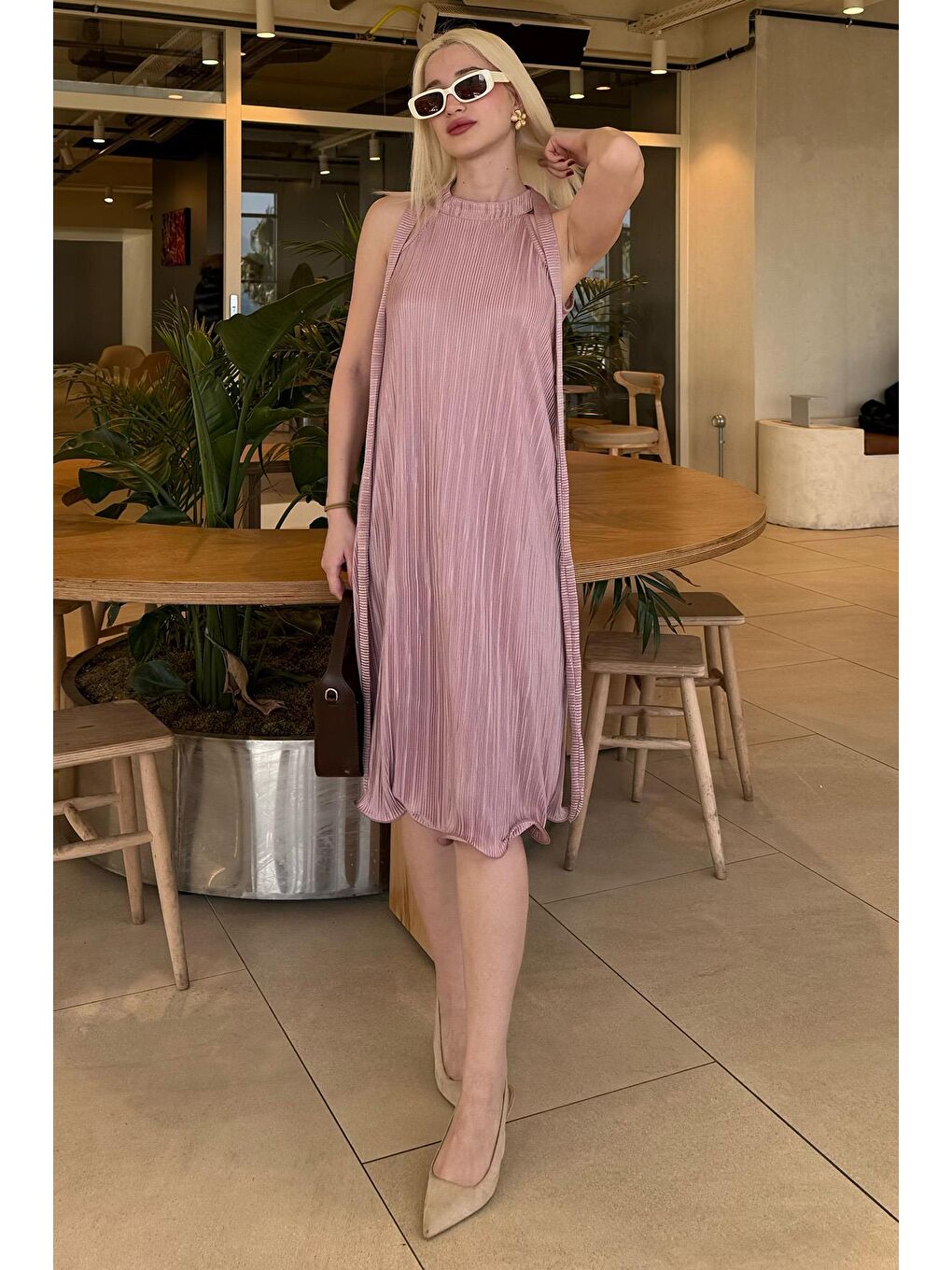 Pembe Pudra Halter Yaka Kadın Elbise Mg2351-1