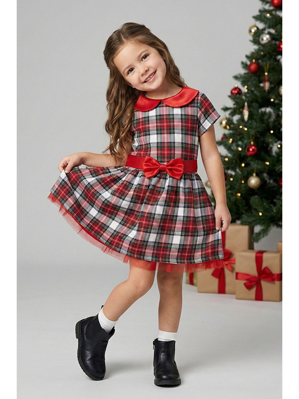 Ekru Kız Çocuk Ekose Desenli Fiyonklu Tüllü ( 2-6 ) Yaş Elbise-1