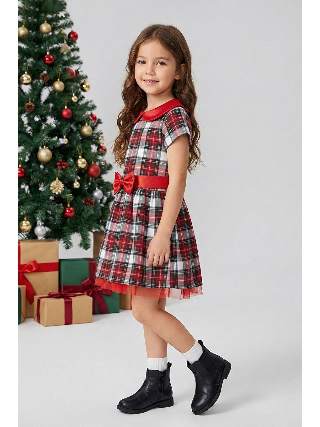 Ekru Kız Çocuk Ekose Desenli Fiyonklu Tüllü ( 2-6 ) Yaş Elbise-2