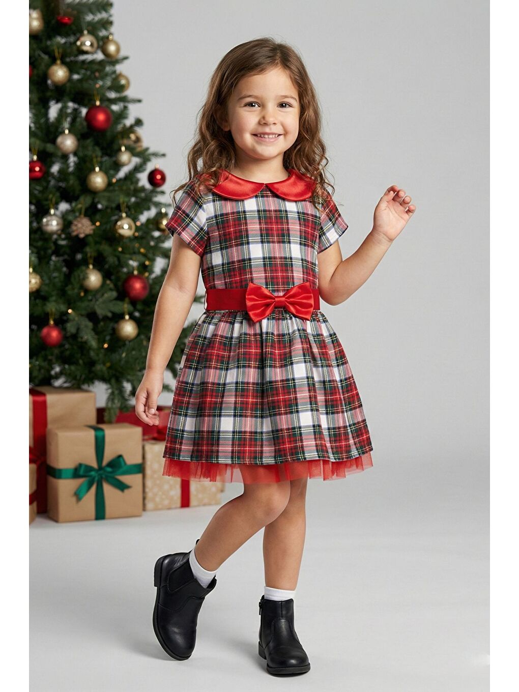 Ekru Kız Çocuk Ekose Desenli Fiyonklu Tüllü ( 2-6 ) Yaş Elbise-3