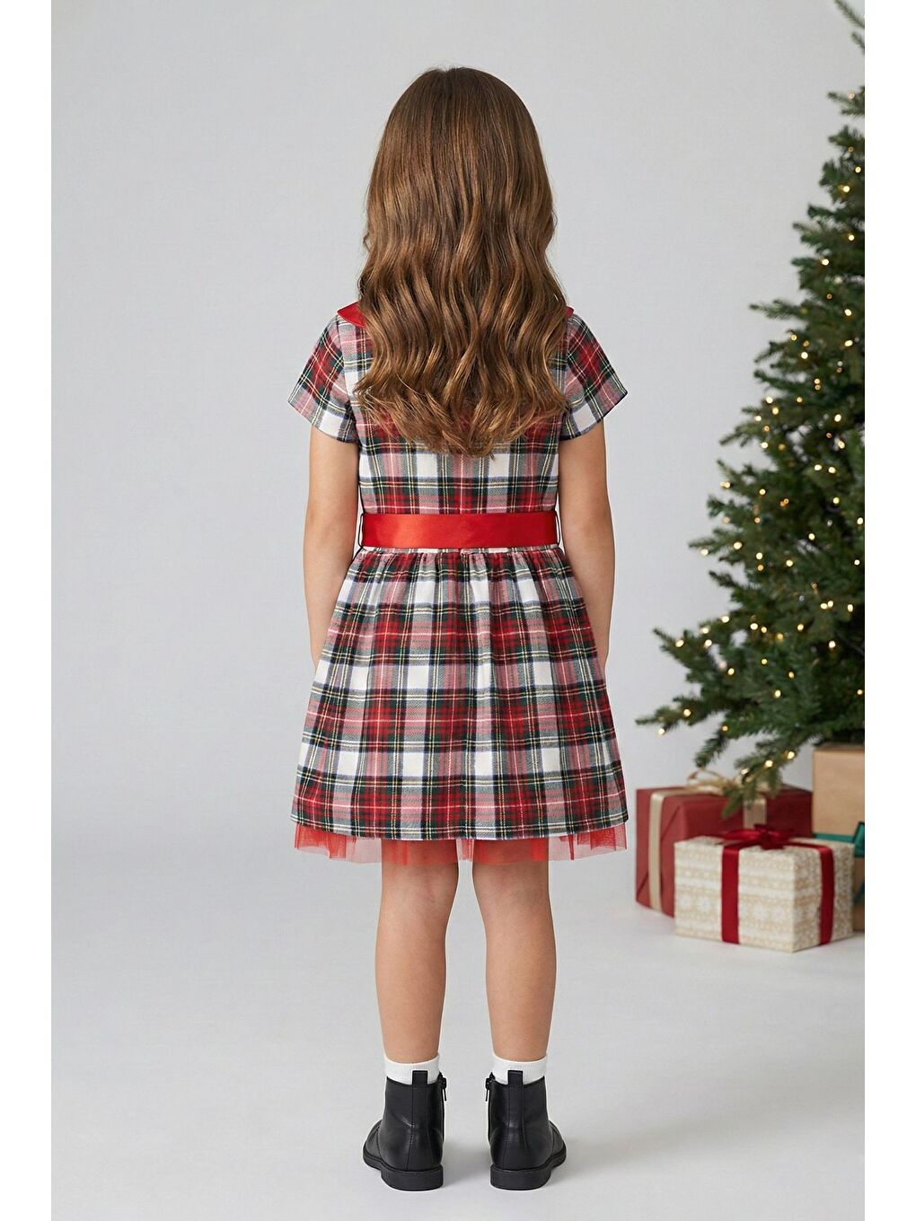 Ekru Kız Çocuk Ekose Desenli Fiyonklu Tüllü ( 2-6 ) Yaş Elbise-4