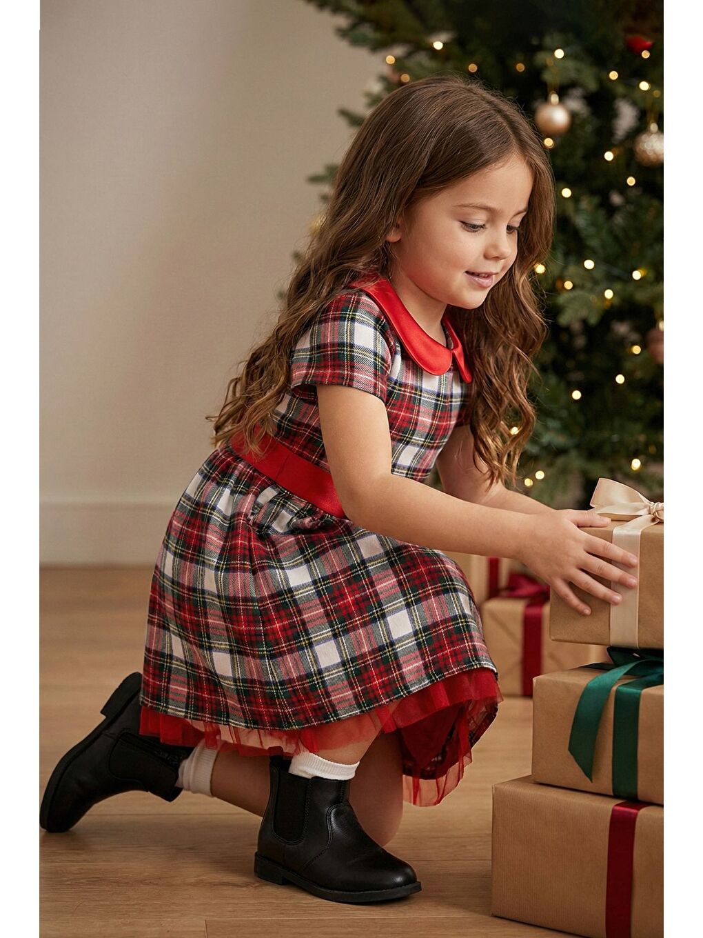 Ekru Kız Çocuk Ekose Desenli Fiyonklu Tüllü ( 2-6 ) Yaş Elbise-6