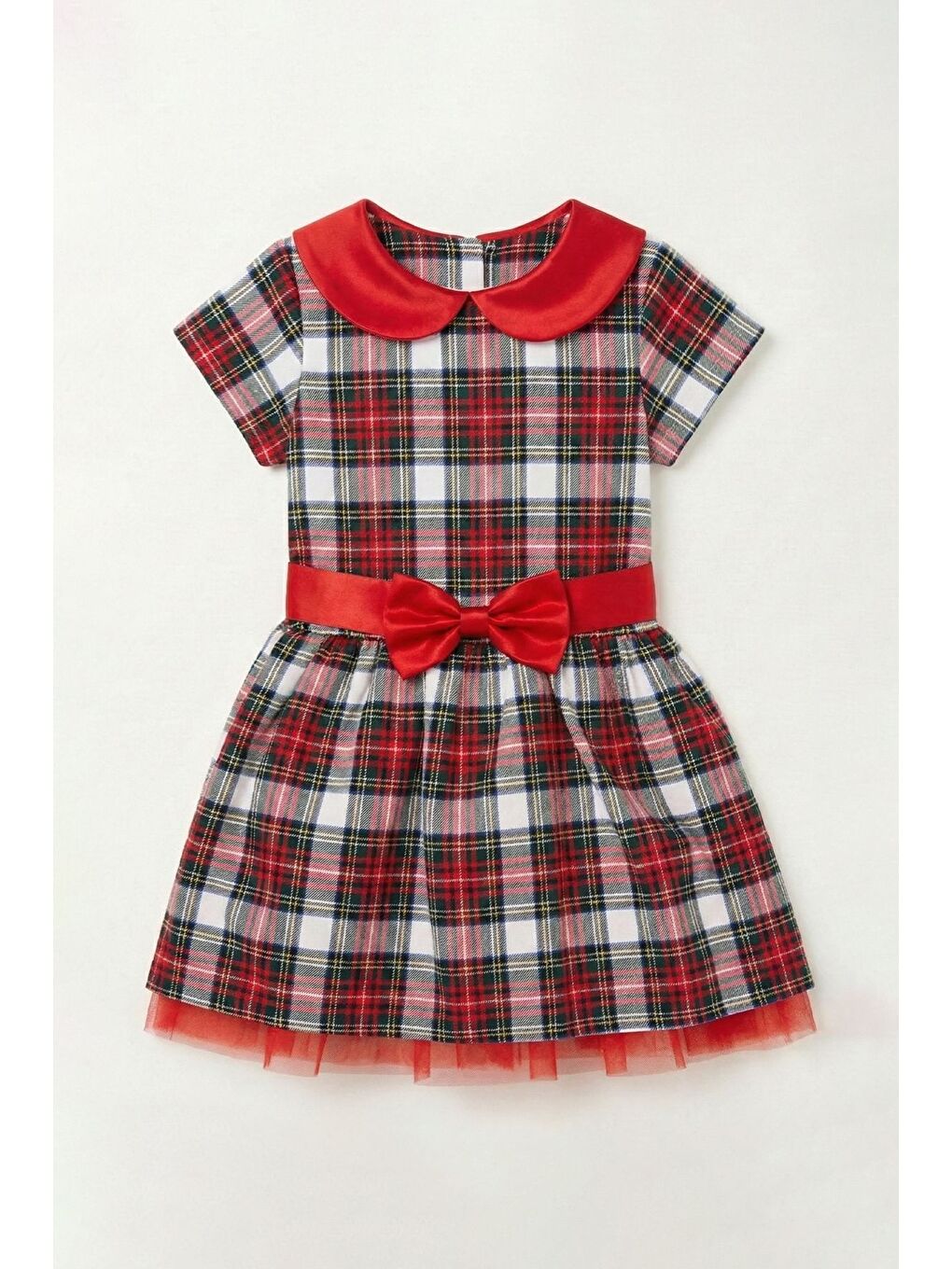 Ekru Kız Çocuk Ekose Desenli Fiyonklu Tüllü ( 2-6 ) Yaş Elbise-7