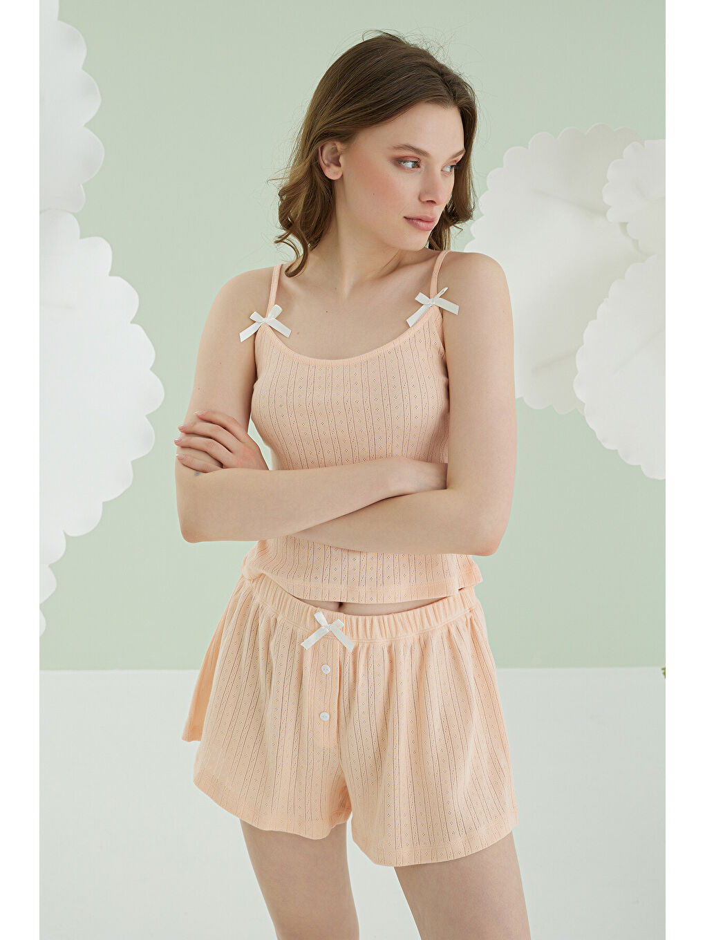 Pembe Somon İnce Askılı Kurdele Şortlu Pijama Takımı-1