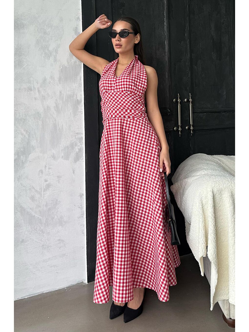 Kırmızı Ekoseli Midi Boy Kadın Elbise Mg2350