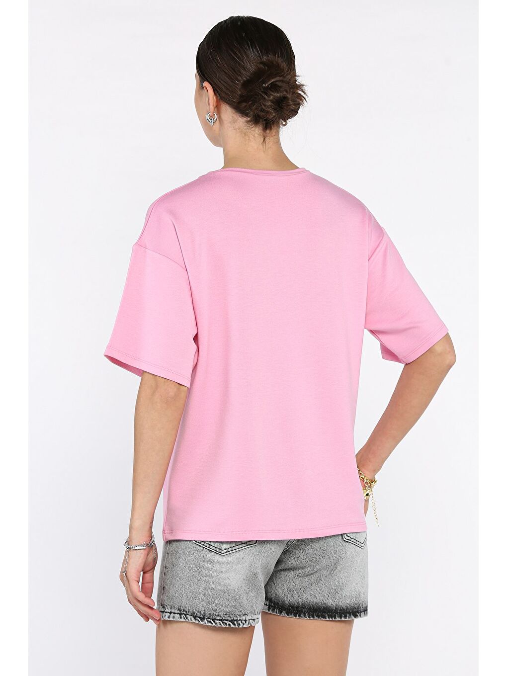 Pembe Kadın V Yaka Basic Tişört-2
