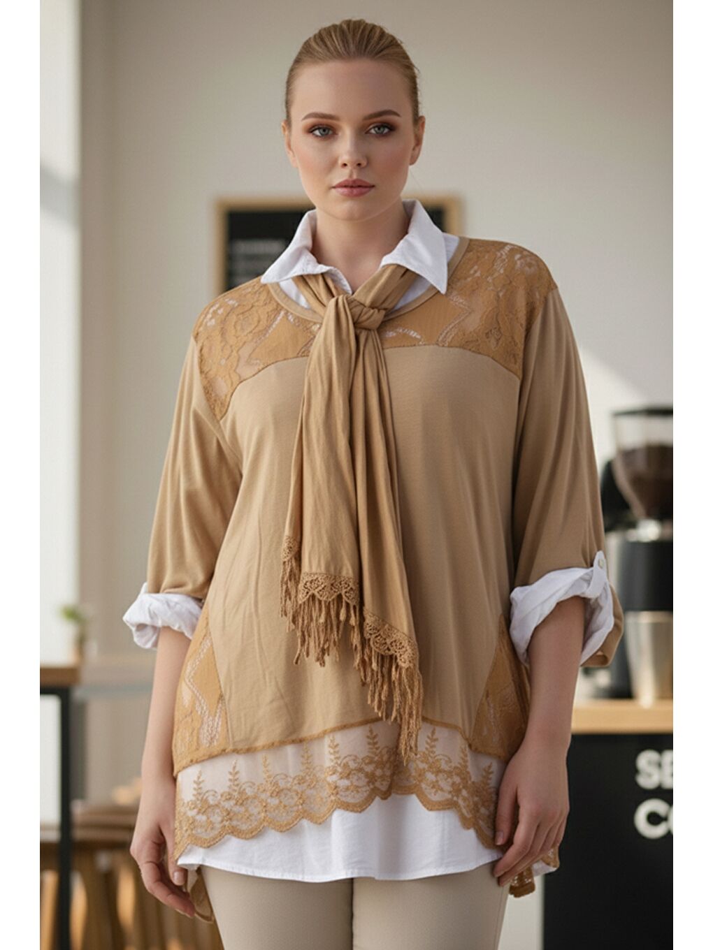Kahverengi İtalyan Büyük Beden Sütlü Kahve Üçlü Set Gömlek ve Fularlı Dantel Casual Triko Bluz 68 65