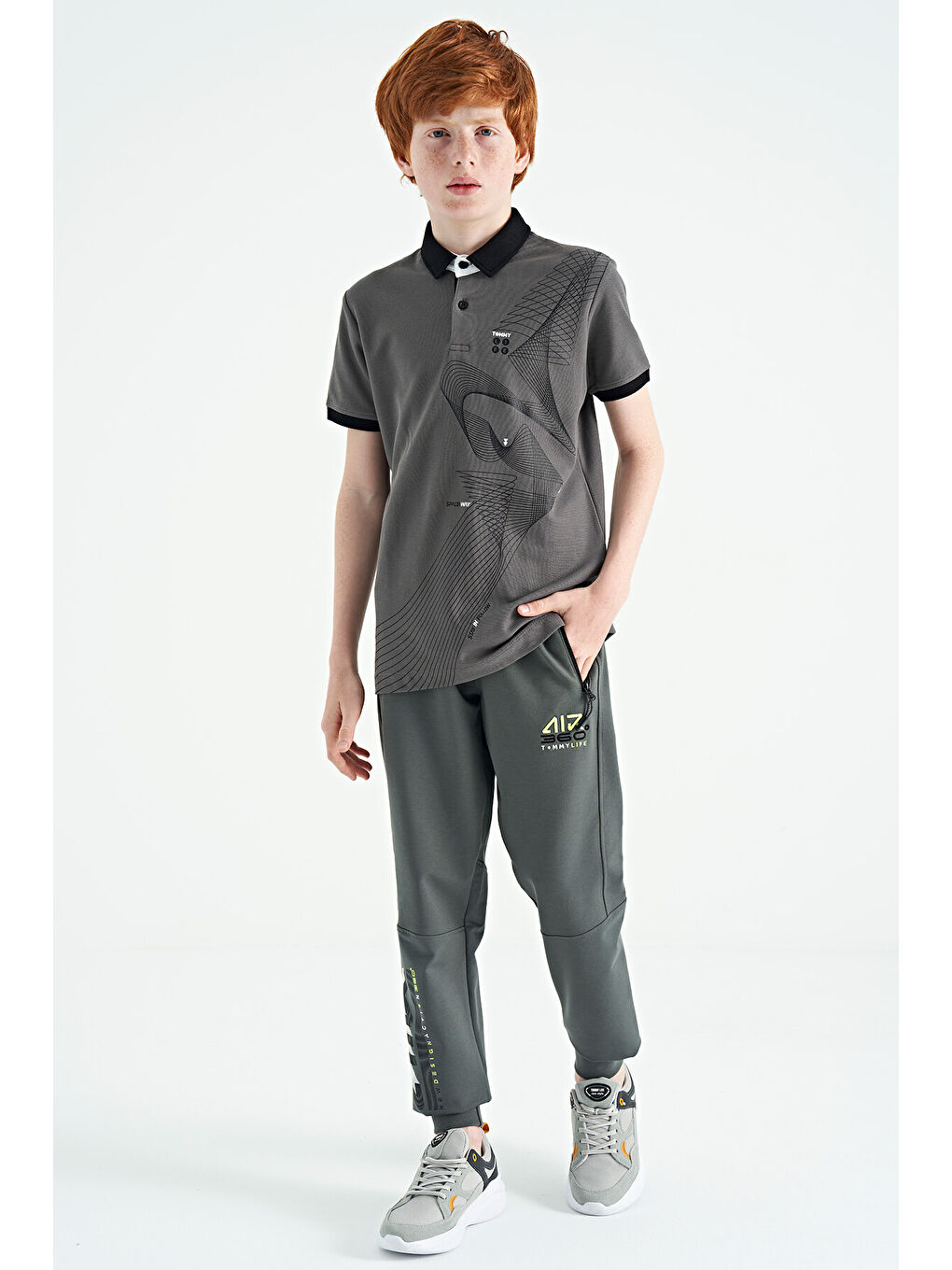 Koyu Gri Baskı Detaylı Standart Kalıp Polo Yaka Erkek Çocuk Tişört - 11164-6