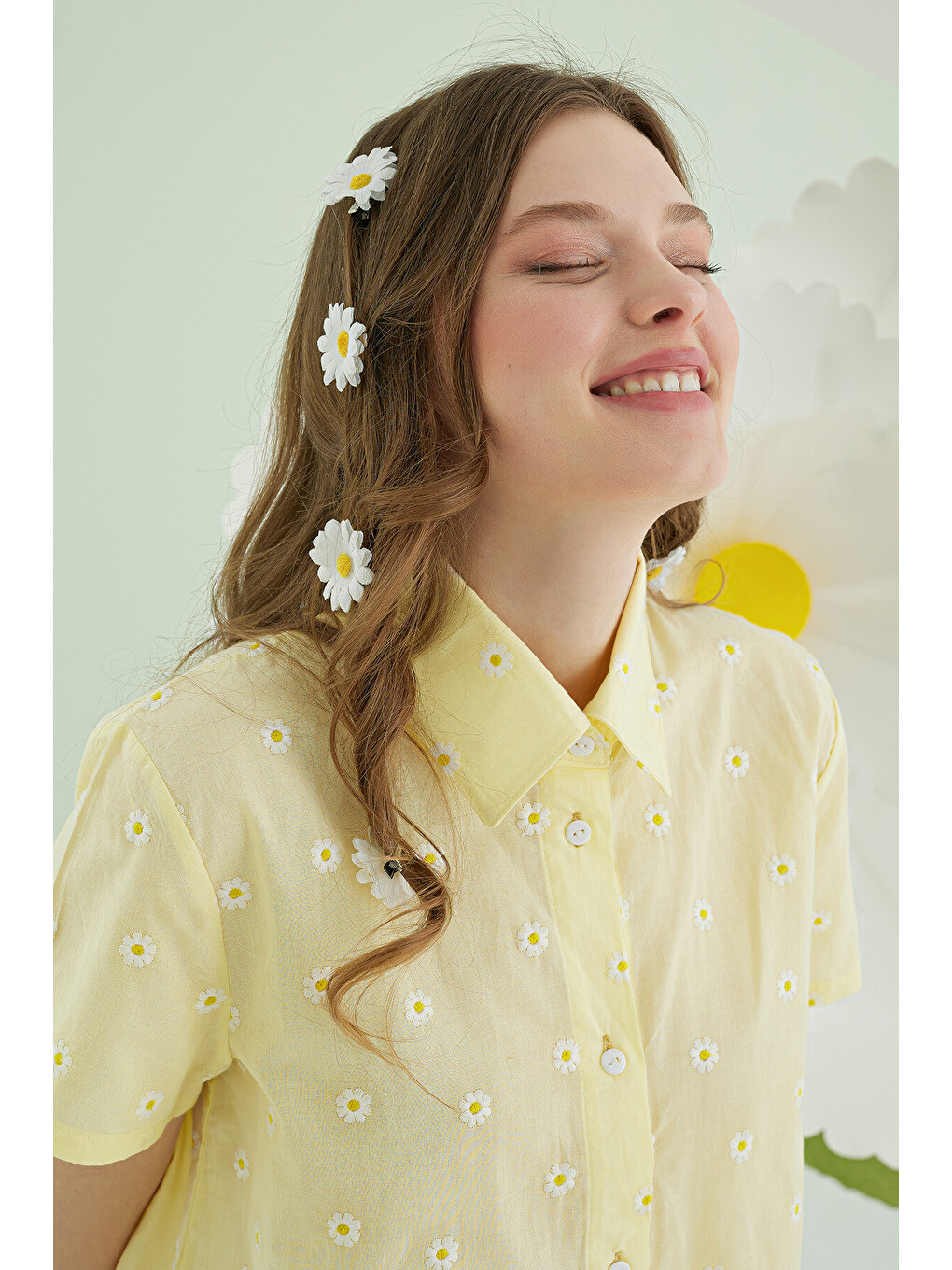 Sarı Papatyalı Önden Düğmeli Pijama Takımı-1