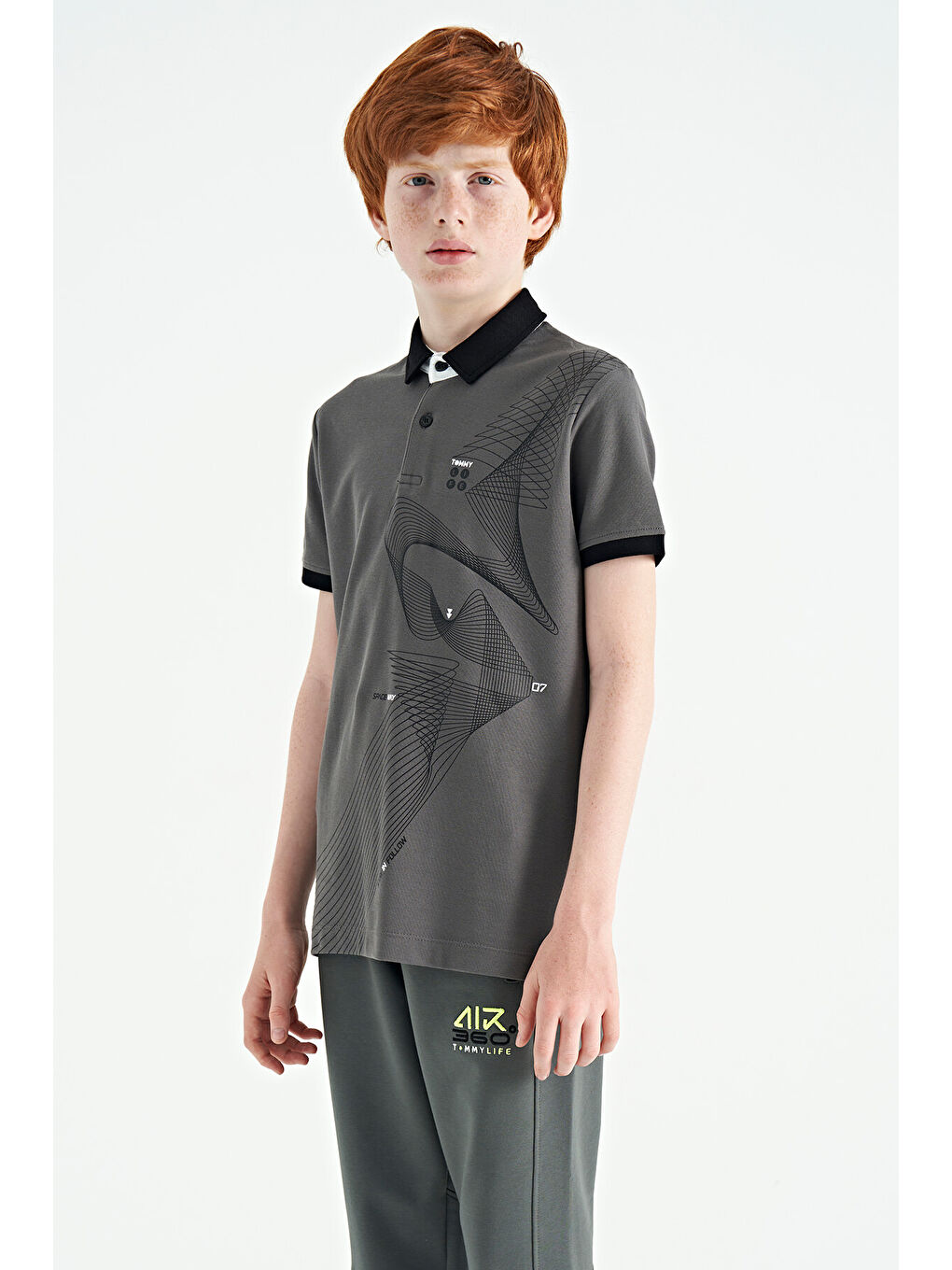 Koyu Gri Baskı Detaylı Standart Kalıp Polo Yaka Erkek Çocuk Tişört - 11164-8