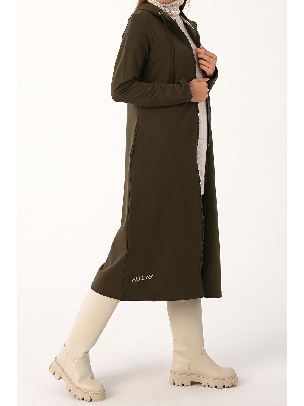 Koyu Haki Baskılı Kapüşonlu Hırka-3