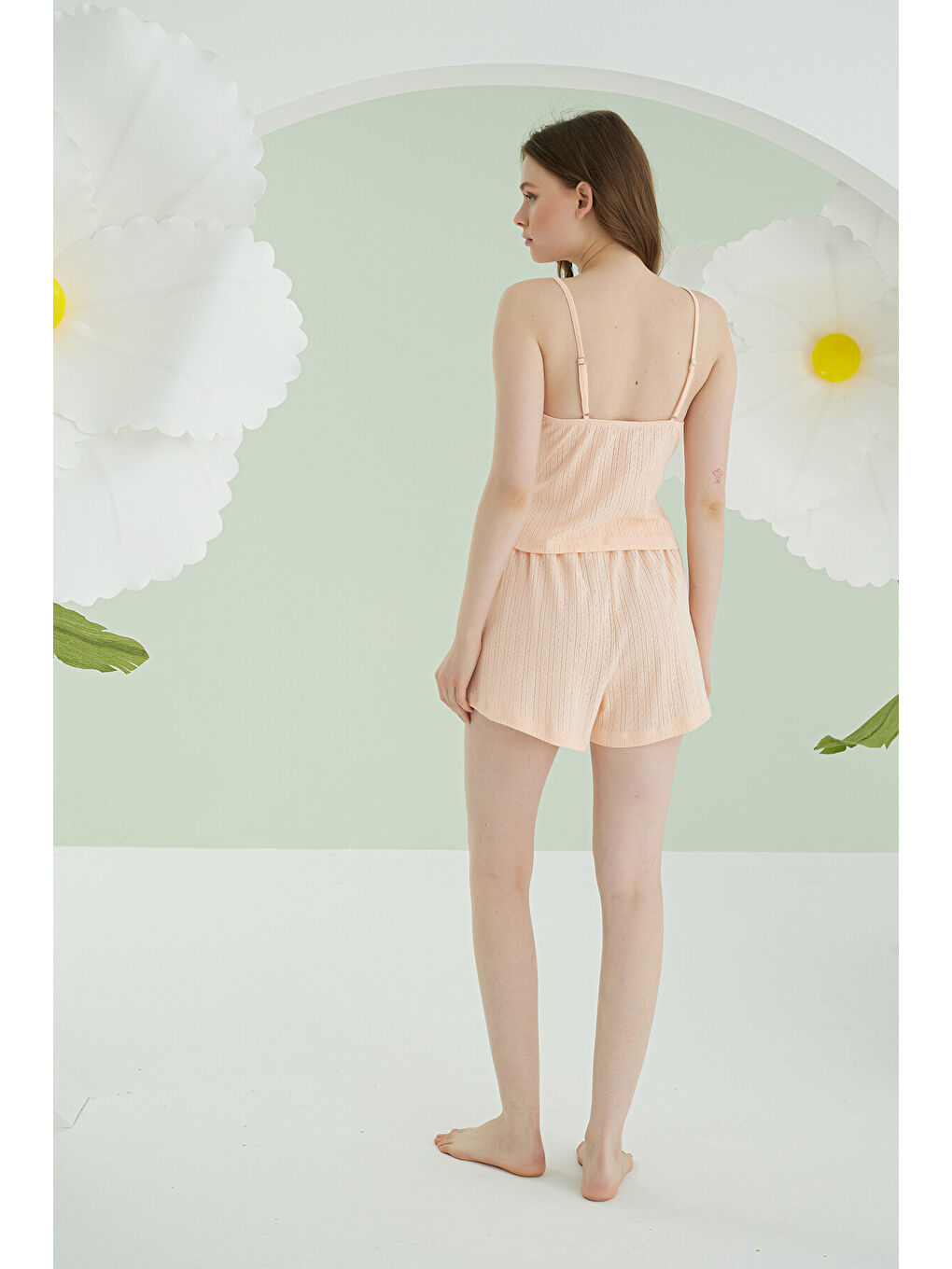 Pembe Somon İnce Askılı Kurdele Şortlu Pijama Takımı-2