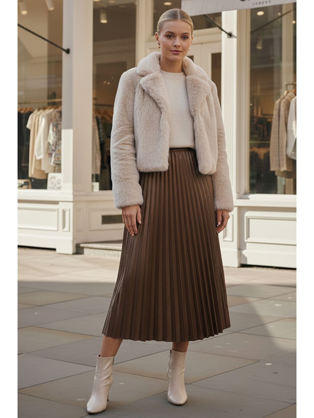 Kahverengi Camel Eteği Pliseli Lastikli Bel Casual Suni Deri Uzun Dokuma Etek 95 60