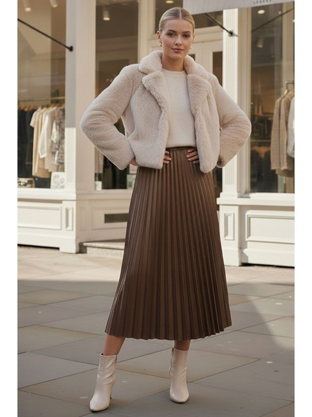 Kahverengi Camel Eteği Pliseli Lastikli Bel Casual Suni Deri Uzun Dokuma Etek 95 60-1