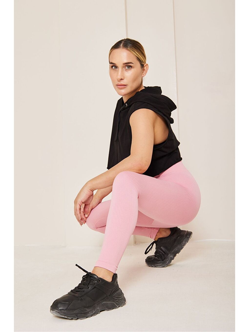 Pembe Yüksek Bel Dikişsiz Fitilli Tayt-2