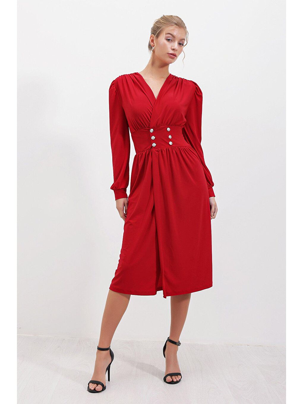 Kırmızı Kruvaze Kemer Düğmeli ELBİSE