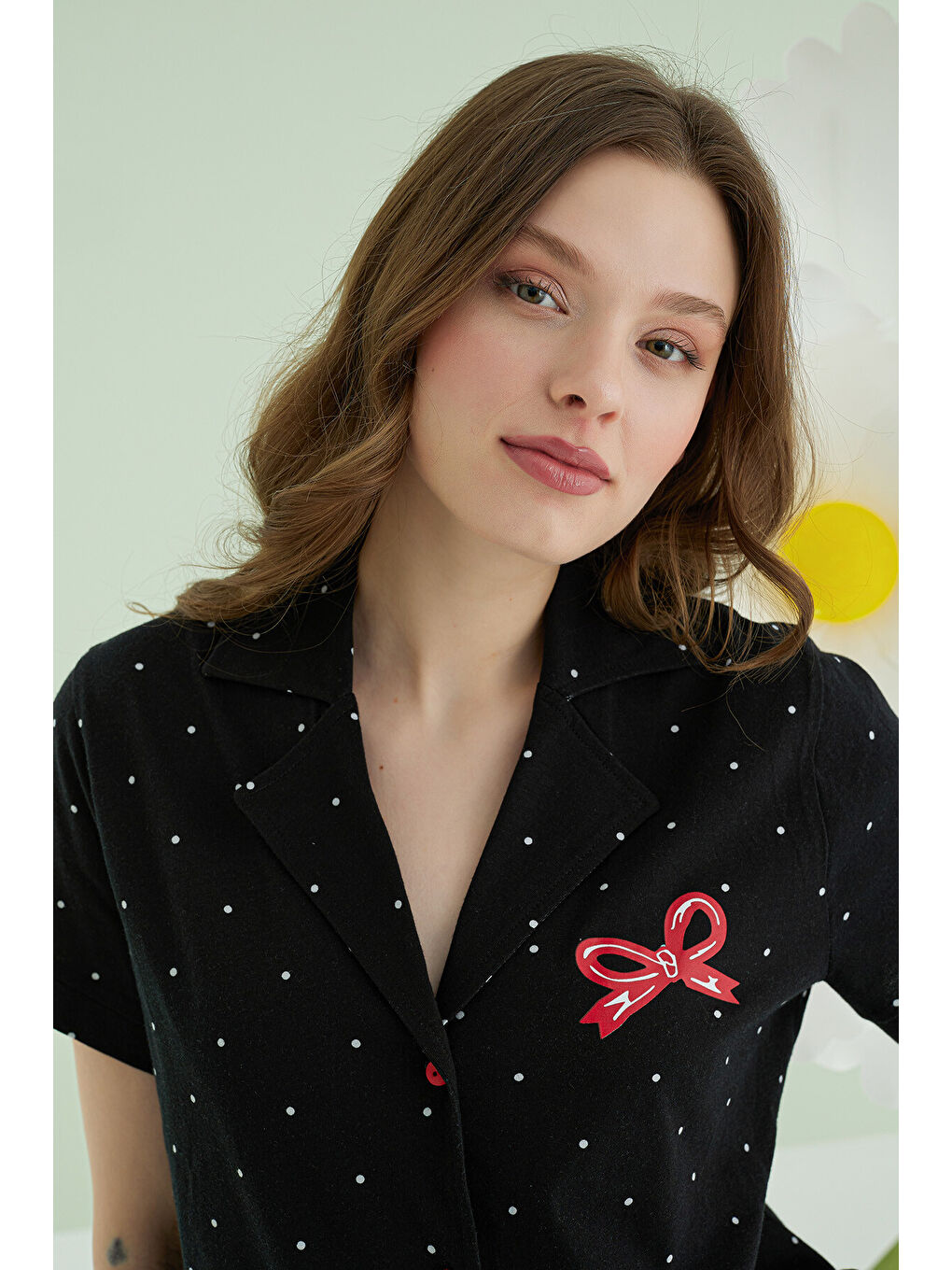 Siyah Bow Önden Düğmeli Pijama Takımı-2