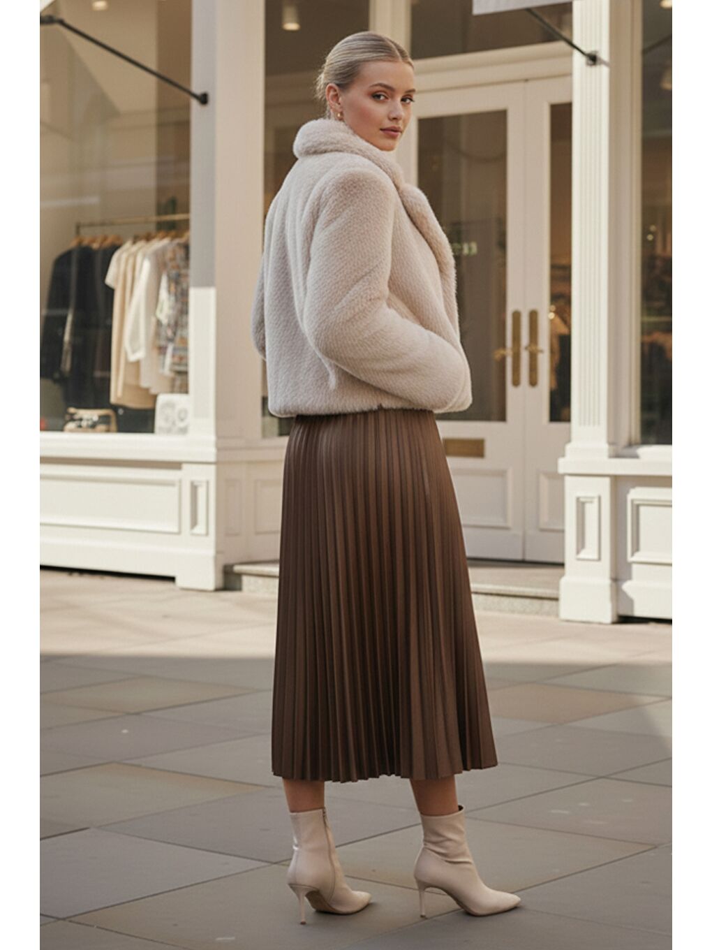 Kahverengi Camel Eteği Pliseli Lastikli Bel Casual Suni Deri Uzun Dokuma Etek 95 60-2