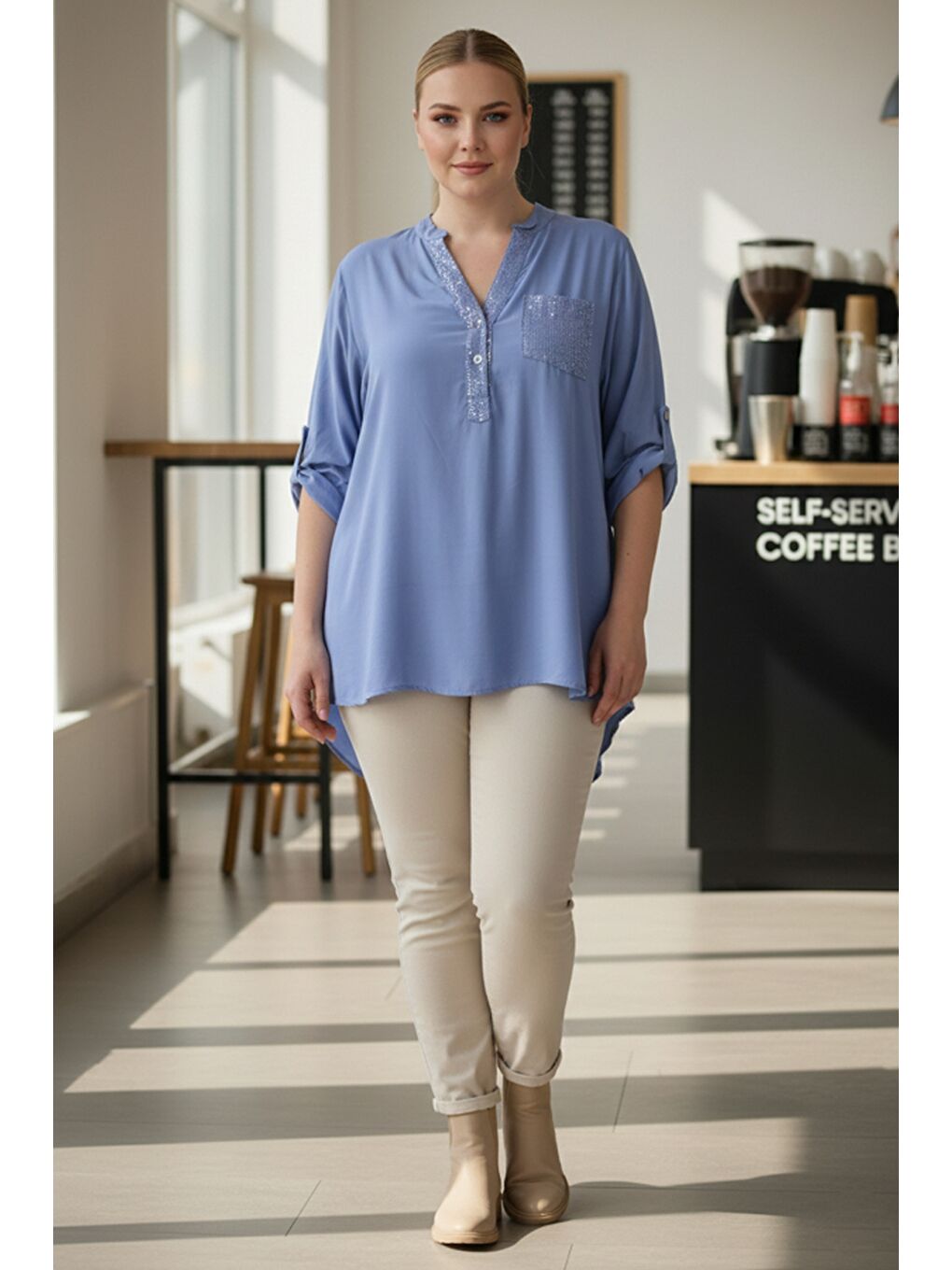 İtalyan Büyük Beden Mavi Hakim Yaka Düğmeli Uzun Kollu Pullu Cepli Casual Dokuma Bluz 72 65-2