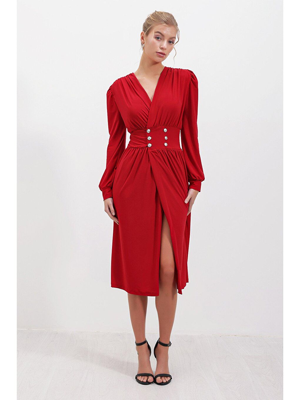 Kırmızı Kruvaze Kemer Düğmeli ELBİSE-1