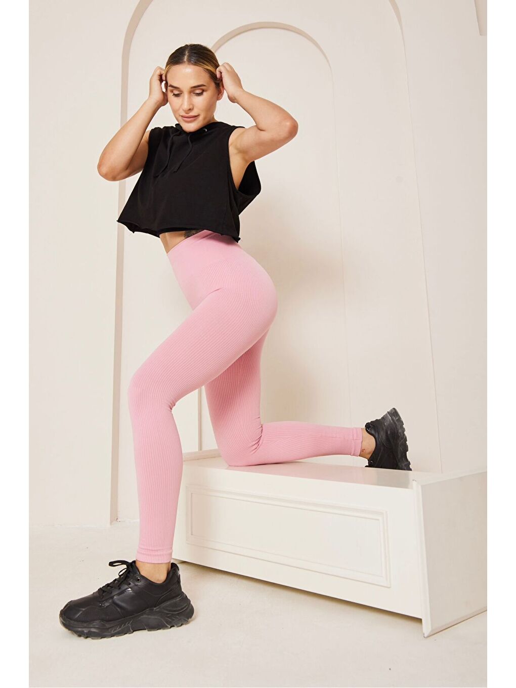 Pembe Yüksek Bel Dikişsiz Fitilli Tayt-4