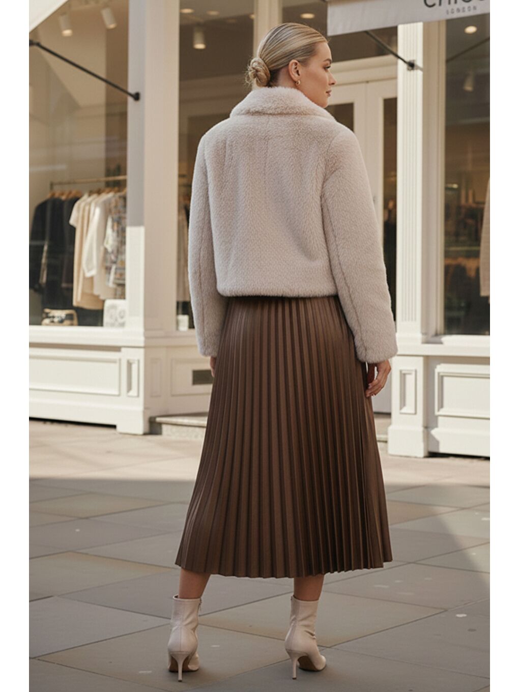 Kahverengi Camel Eteği Pliseli Lastikli Bel Casual Suni Deri Uzun Dokuma Etek 95 60-3