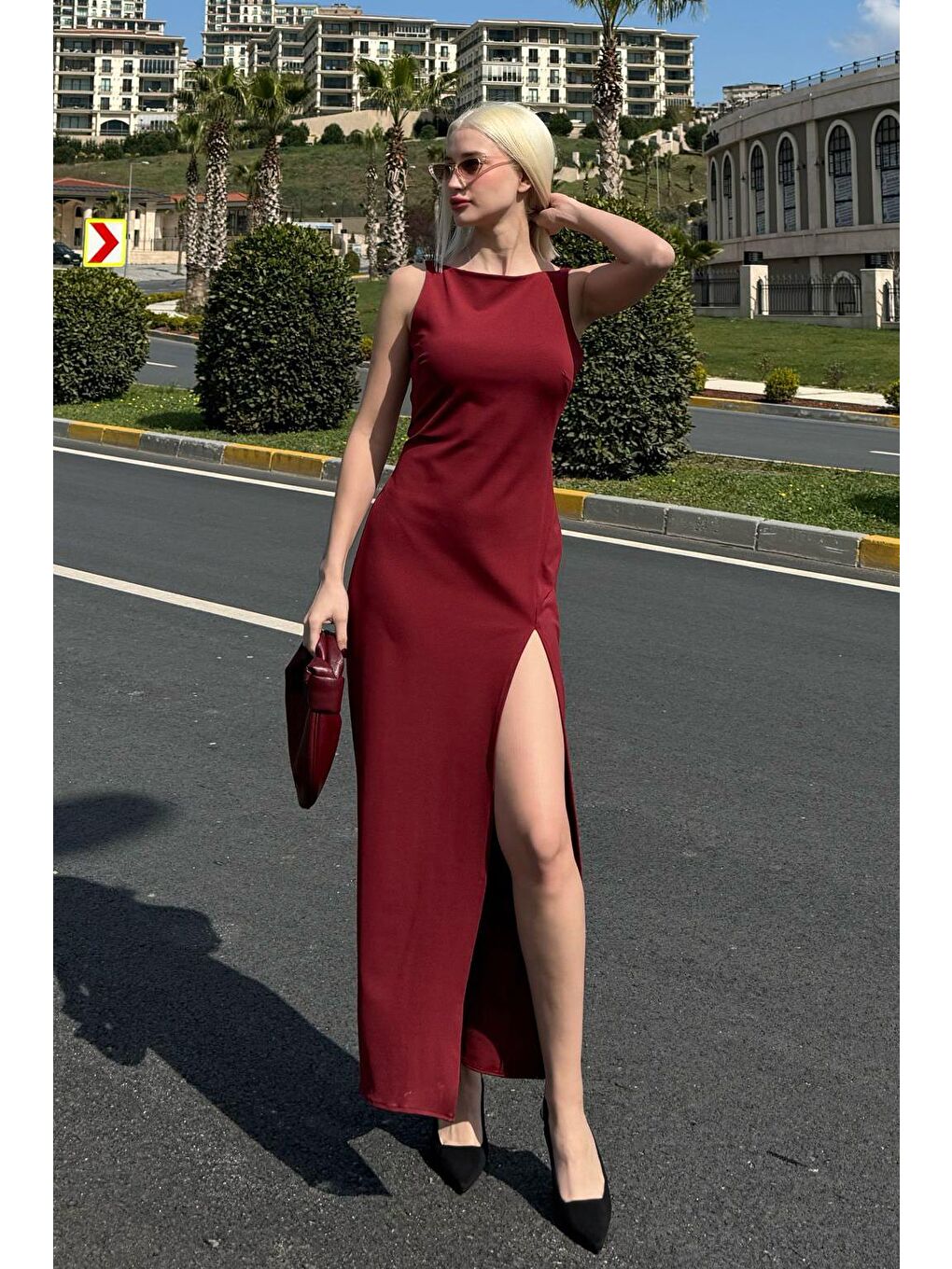 Bordo Maxi Boy Yırtmaç Detaylı Kadın Elbise Mg2367-1