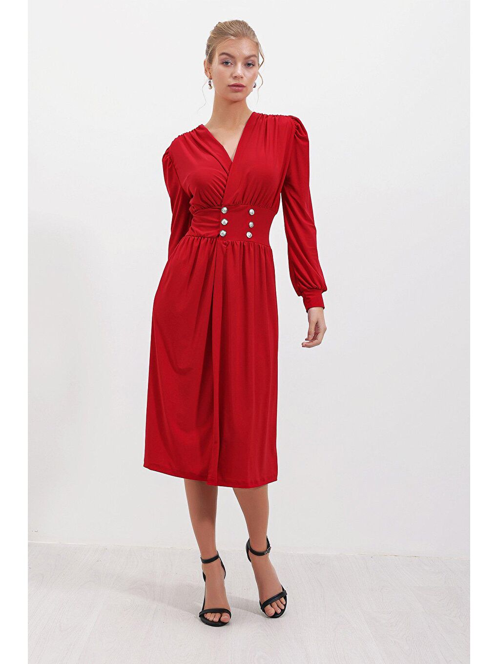 Kırmızı Kruvaze Kemer Düğmeli ELBİSE-2