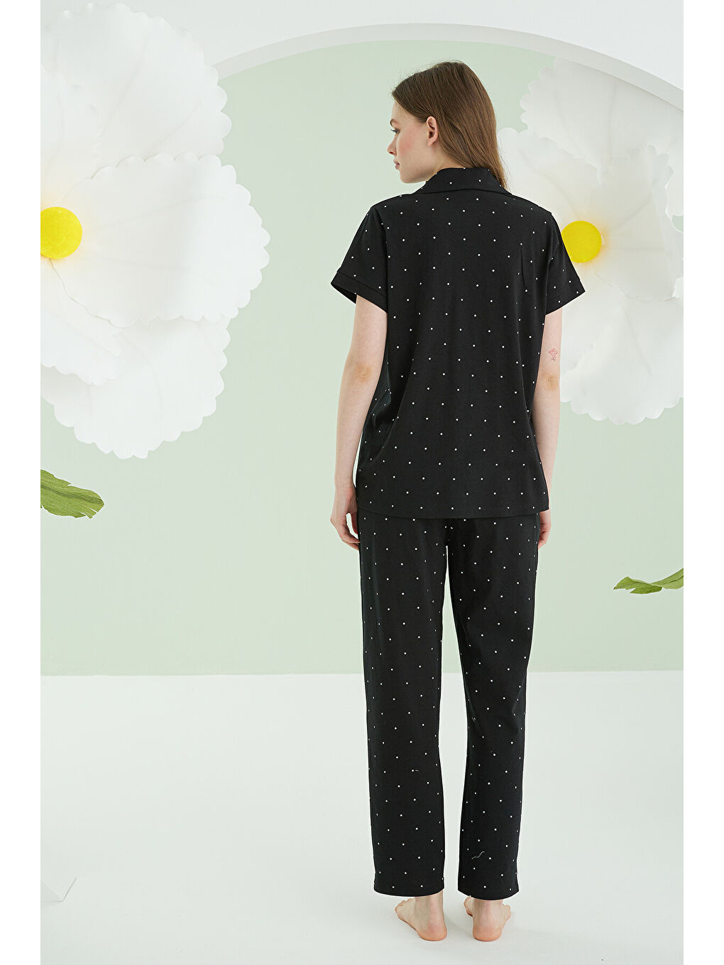 Siyah Bow Önden Düğmeli Pijama Takımı-3