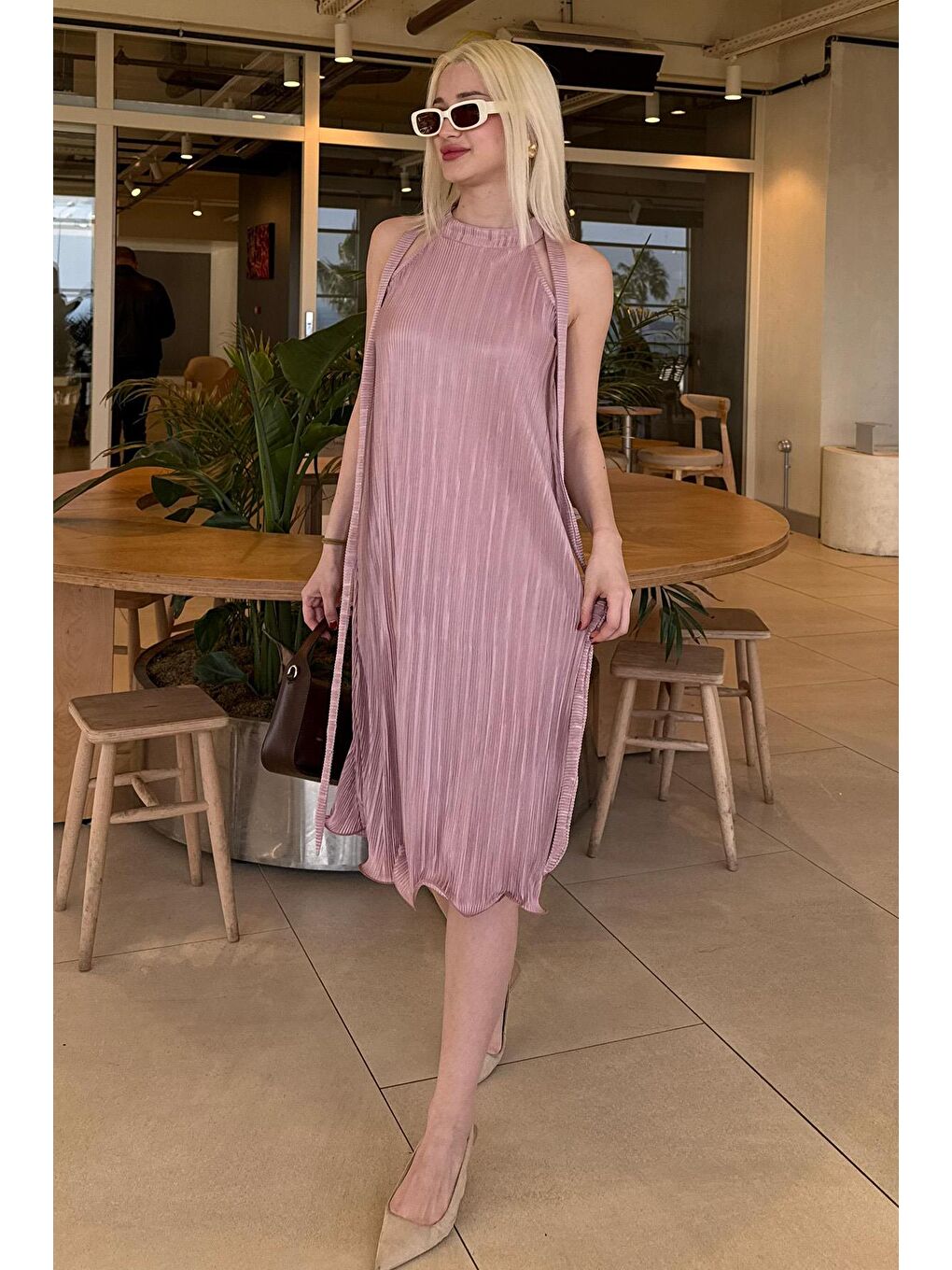 Pembe Pudra Halter Yaka Kadın Elbise Mg2351-2