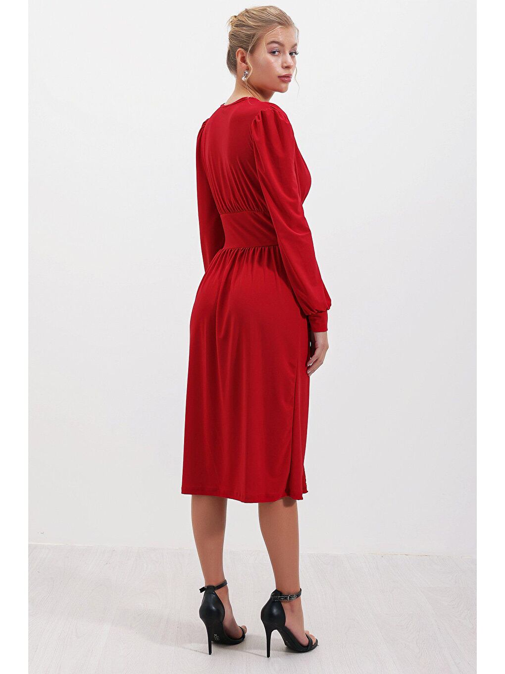 Kırmızı Kruvaze Kemer Düğmeli ELBİSE-3