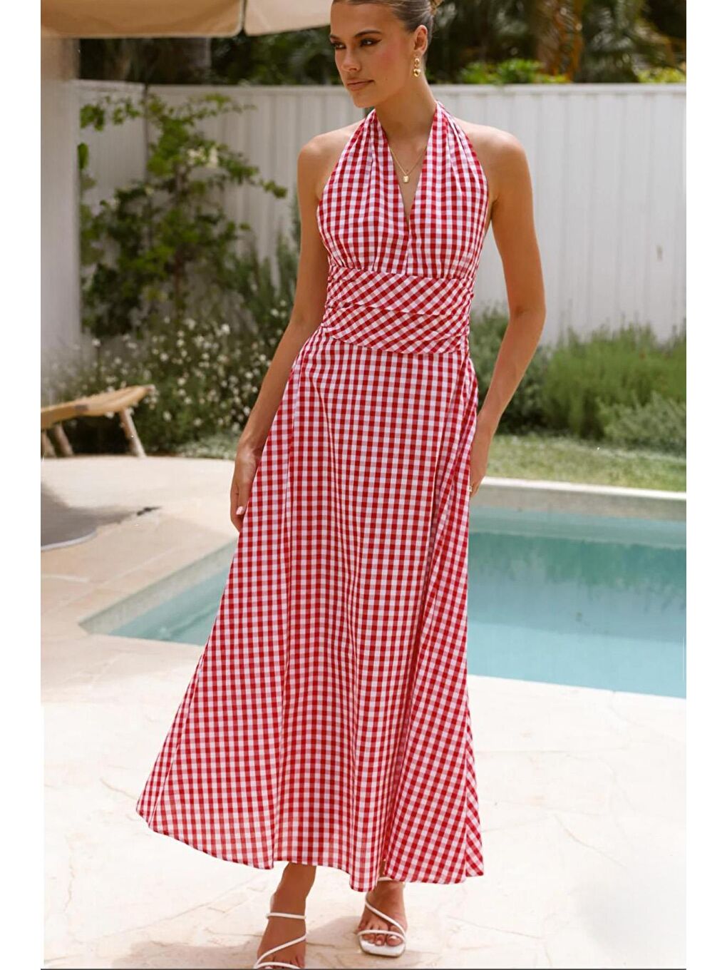 Kırmızı Ekoseli Midi Boy Kadın Elbise Mg2350-1