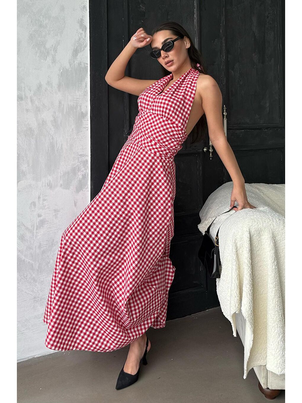 Kırmızı Ekoseli Midi Boy Kadın Elbise Mg2350-2