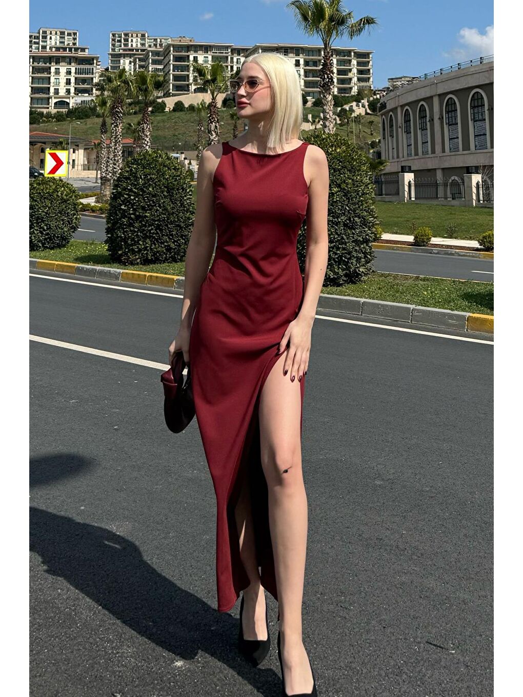 Bordo Maxi Boy Yırtmaç Detaylı Kadın Elbise Mg2367-2