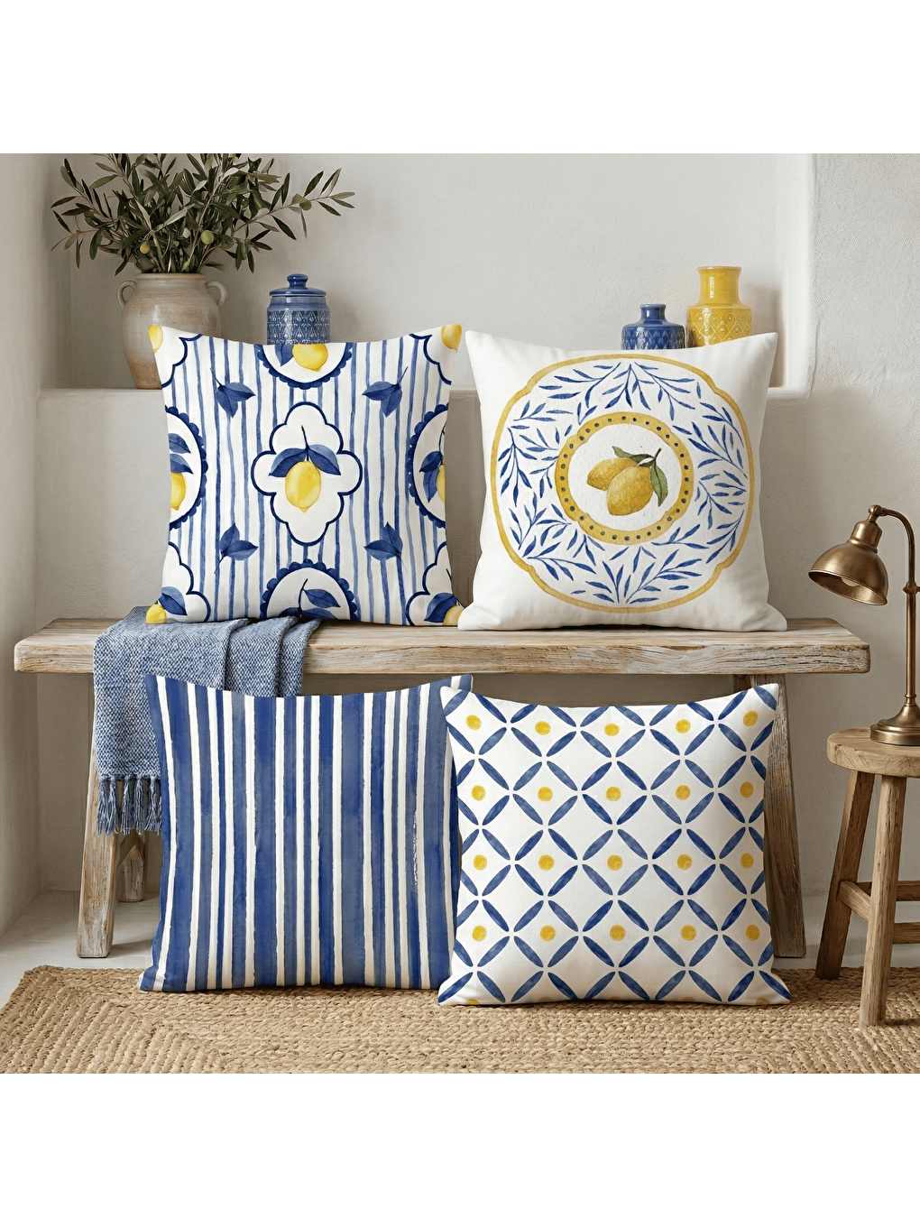 Sarı Akdeniz Serisi Limon Temalı 4'lü Dekoratif Kadife Kırlent Kılıfı