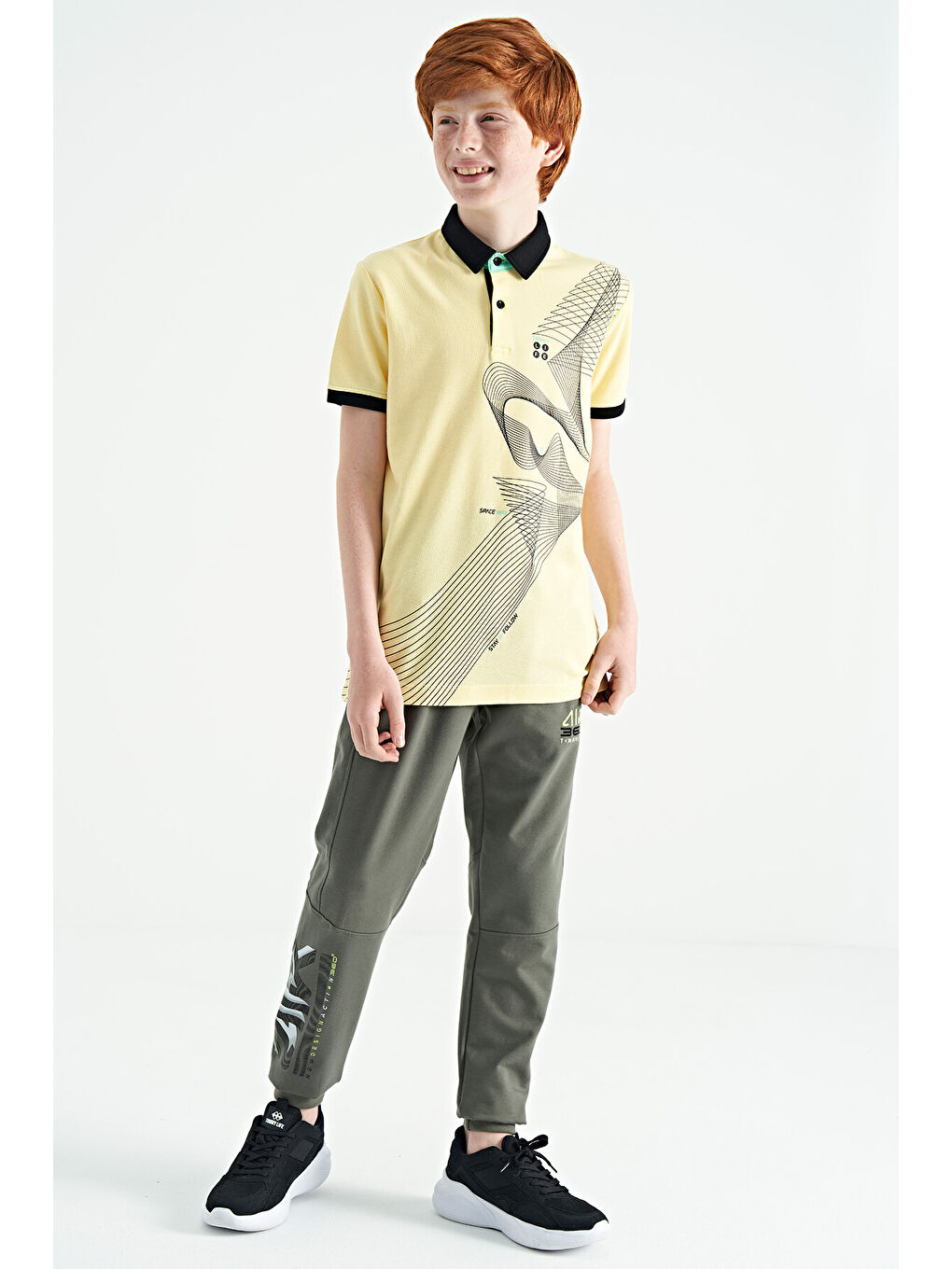 Sarı Baskı Detaylı Standart Kalıp Polo Yaka Erkek Çocuk Tişört - 11164-4