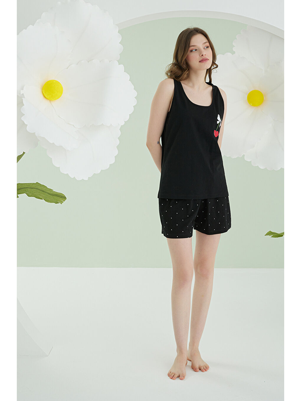 Siyah Bow Şortlu Pijama Takımı-1