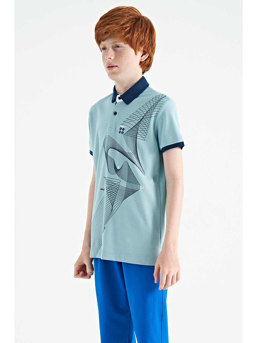 Açık Mavi Baskı Detaylı Standart Kalıp Polo Yaka Erkek Çocuk Tişört - 11164-2