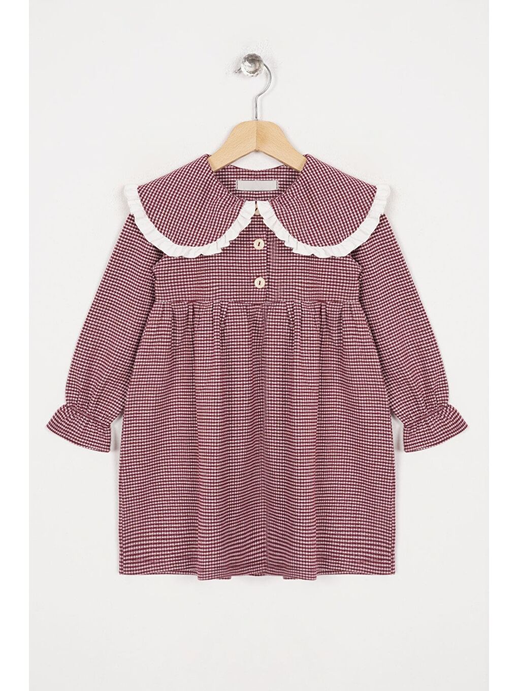 Bebe Yaka Uzun Kol Pötikareli Düğmeli Mürdüm Renk Kız Çocuk Elbise