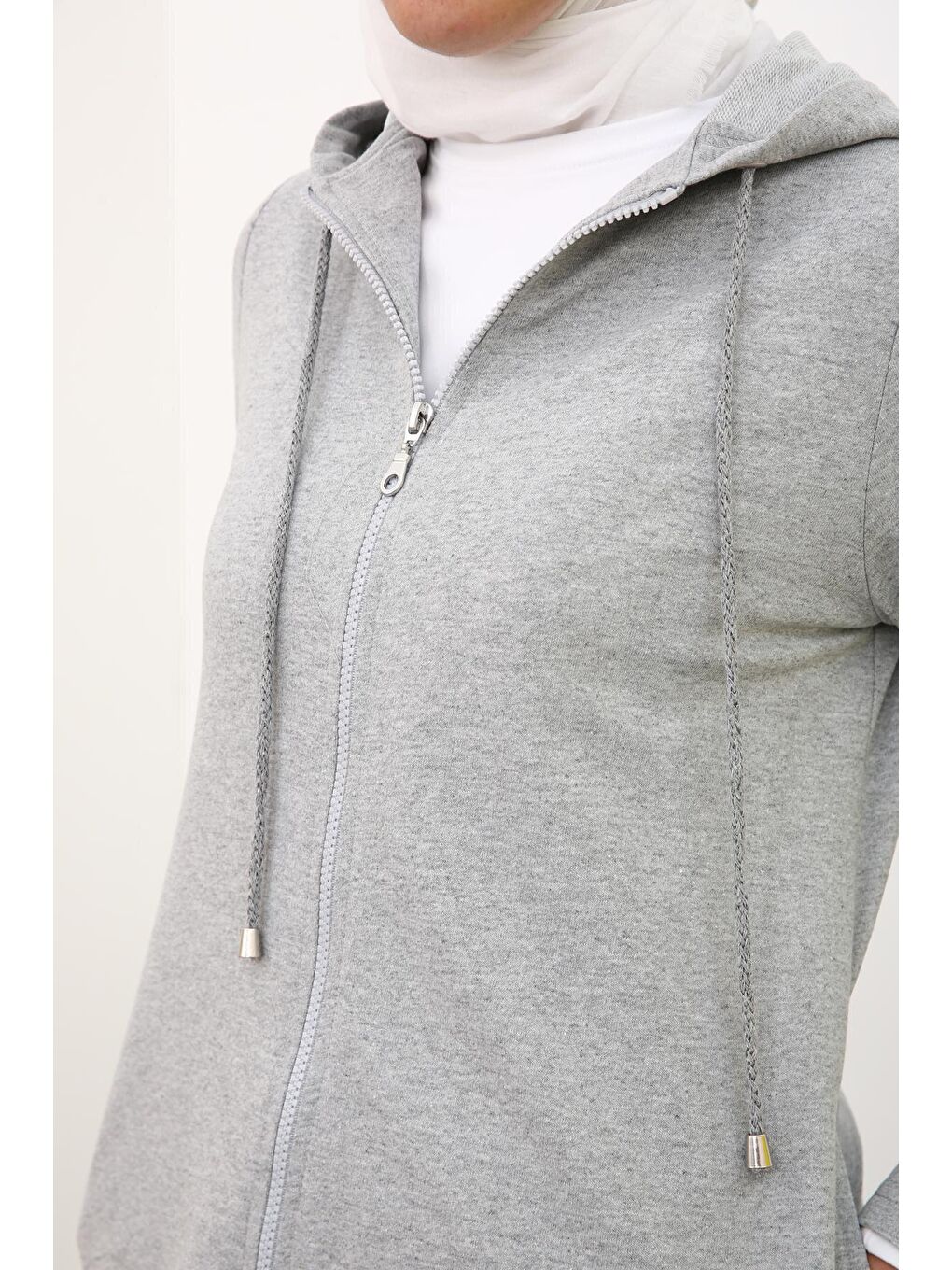 Gri Melanj Fermuarlı Kapüşonlu Hırka