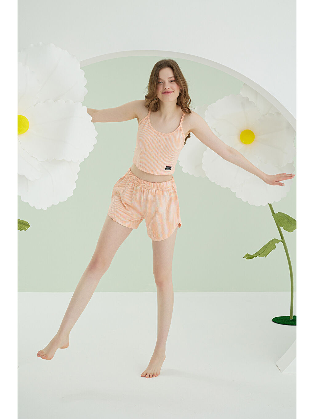 Turuncu İnce Askılı Crop Şort Takım-1