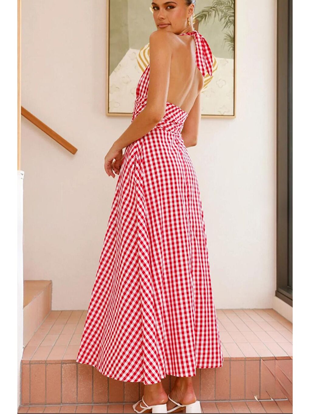 Kırmızı Ekoseli Midi Boy Kadın Elbise Mg2350-3