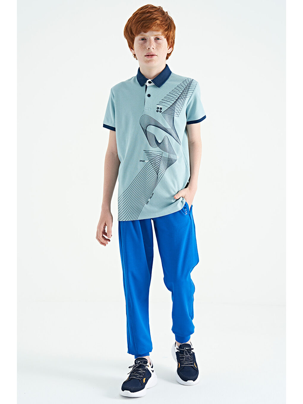 Açık Mavi Baskı Detaylı Standart Kalıp Polo Yaka Erkek Çocuk Tişört - 11164-4