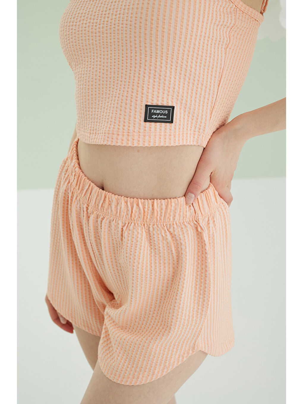 Turuncu İnce Askılı Crop Şort Takım-2