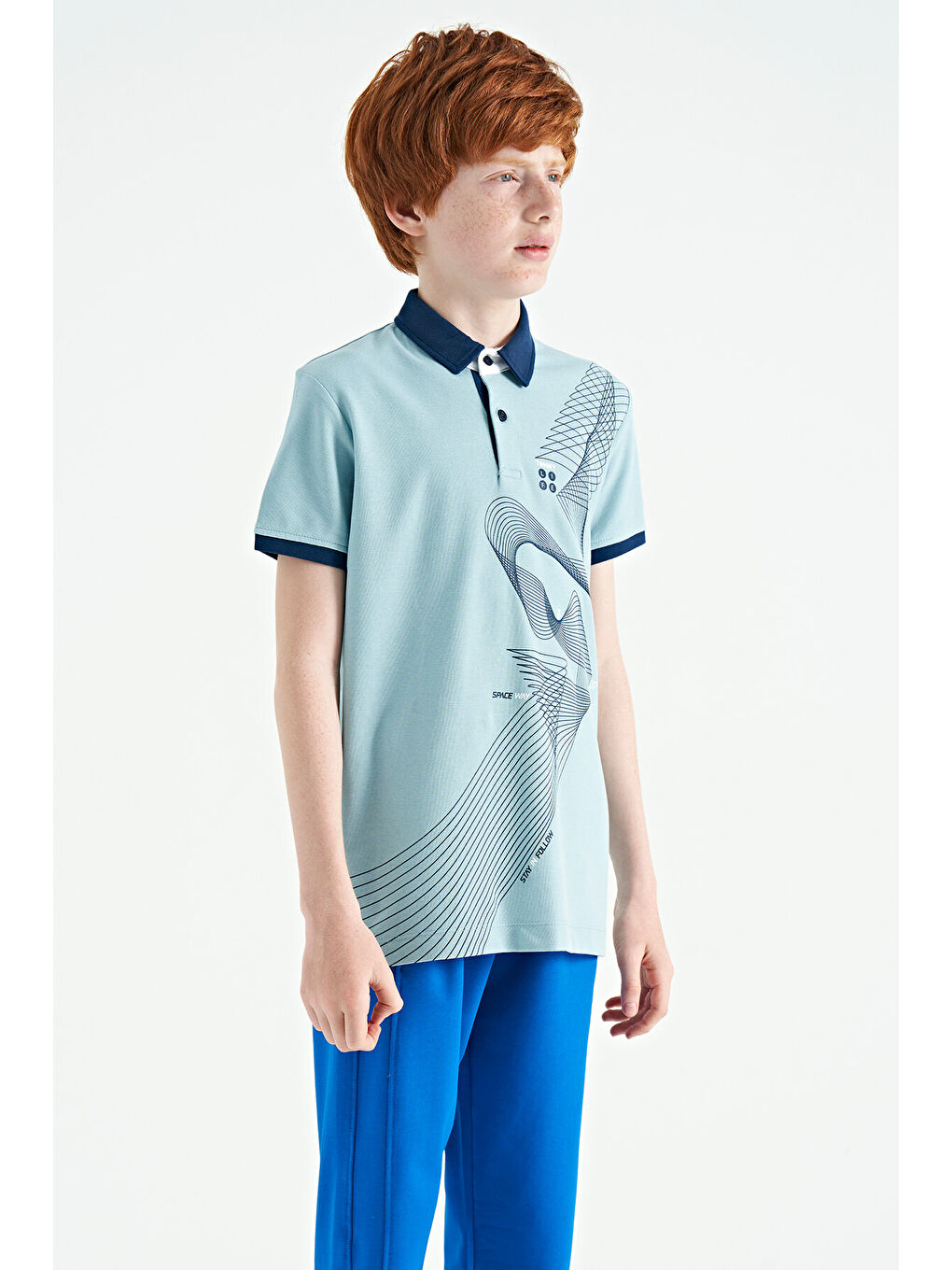 Açık Mavi Baskı Detaylı Standart Kalıp Polo Yaka Erkek Çocuk Tişört - 11164-6
