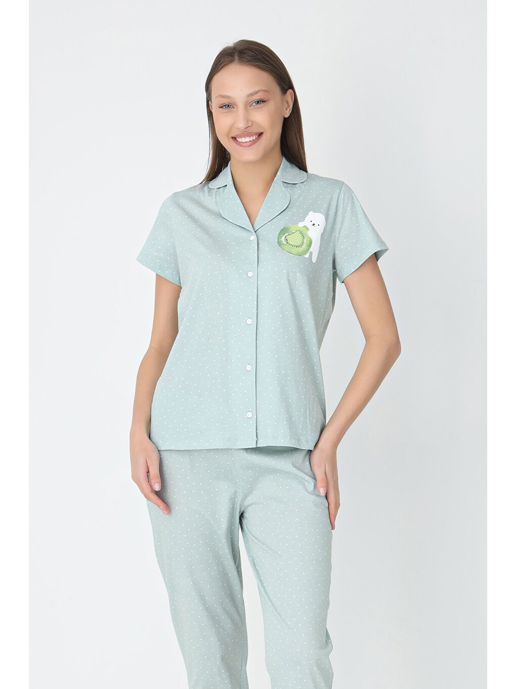 Yeşil Bear Önden Düğmeli Pijama Takımı-1