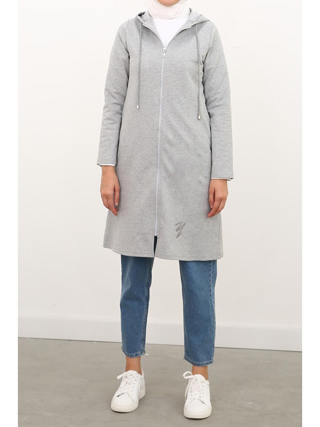 Gri Melanj Fermuarlı Kapüşonlu Hırka-1