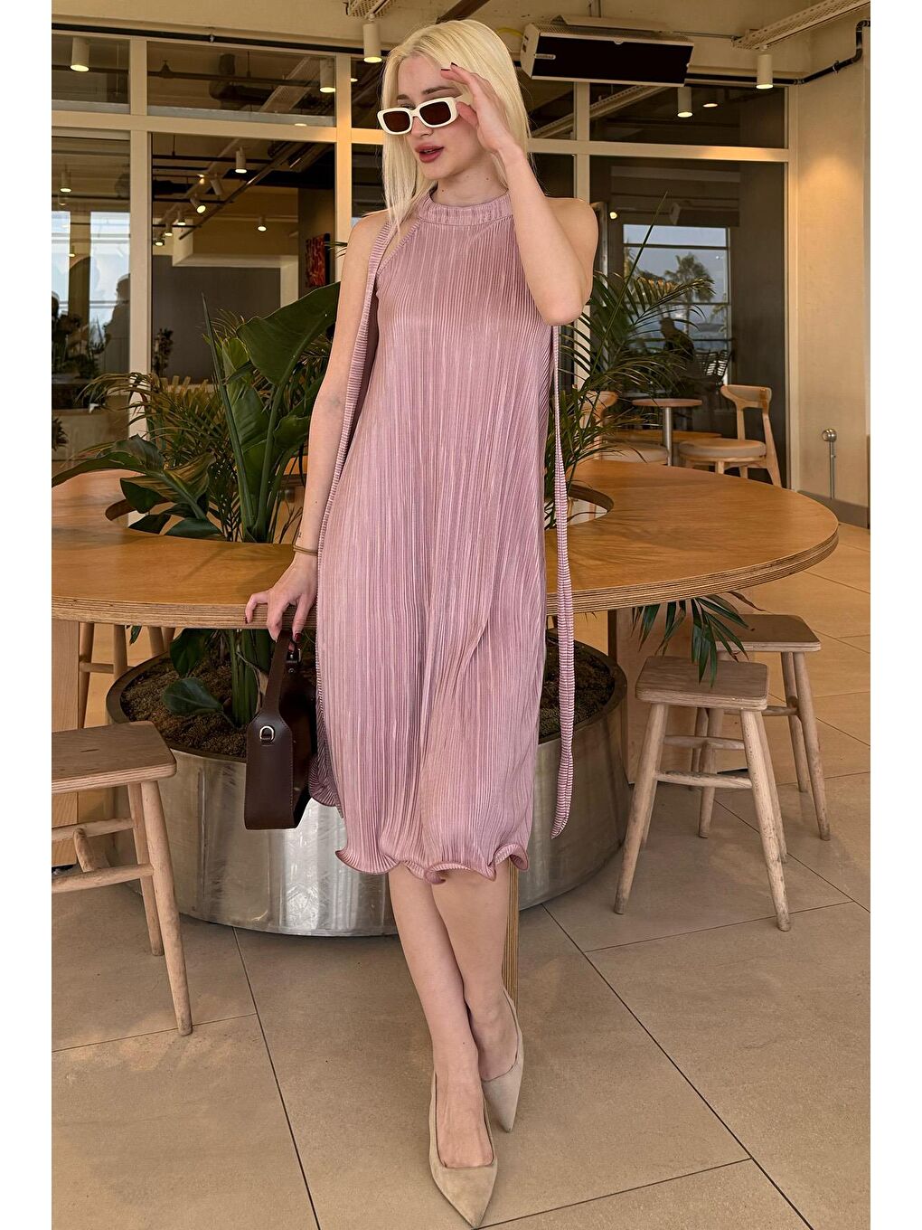 Pembe Pudra Halter Yaka Kadın Elbise Mg2351-3