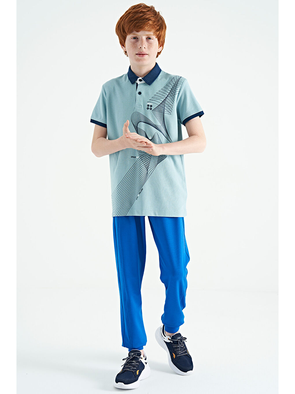 Açık Mavi Baskı Detaylı Standart Kalıp Polo Yaka Erkek Çocuk Tişört - 11164-8