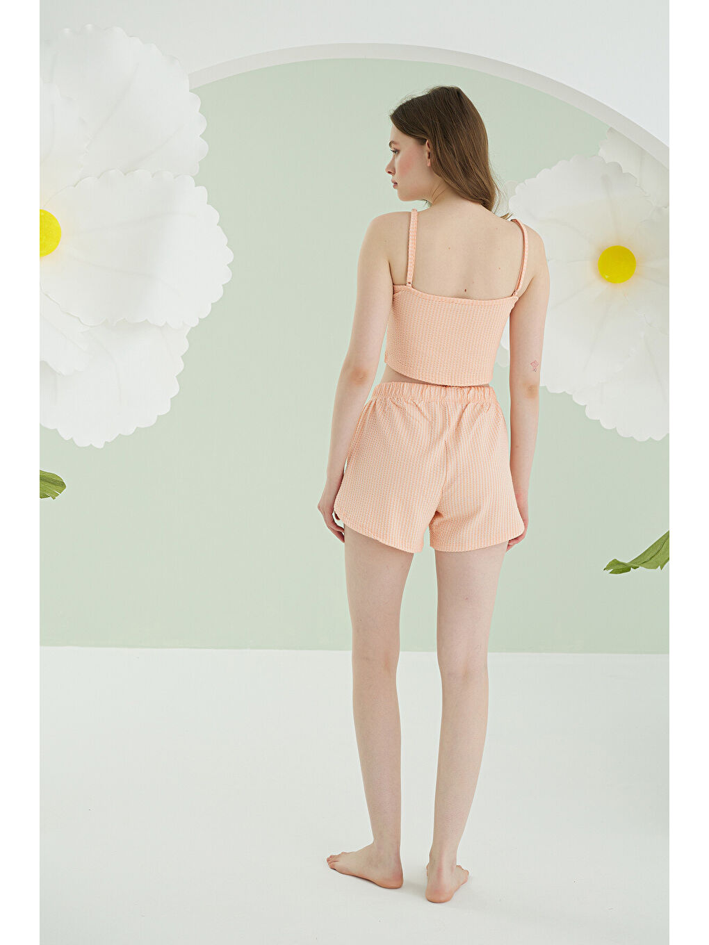 Turuncu İnce Askılı Crop Şort Takım-3